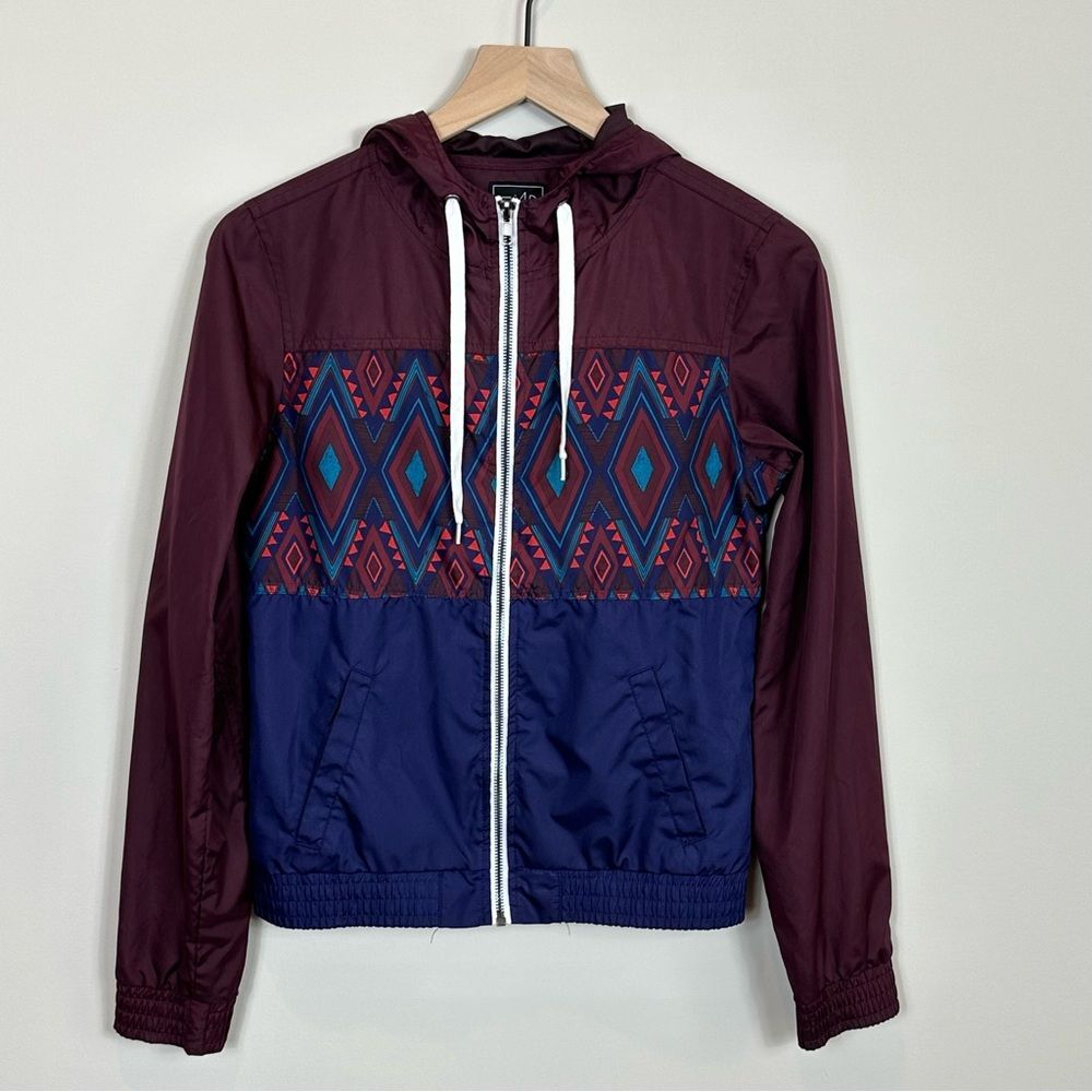 Empyre Aztec-print Full-zip Windbreaker. Burgundy Blue Purple Size S